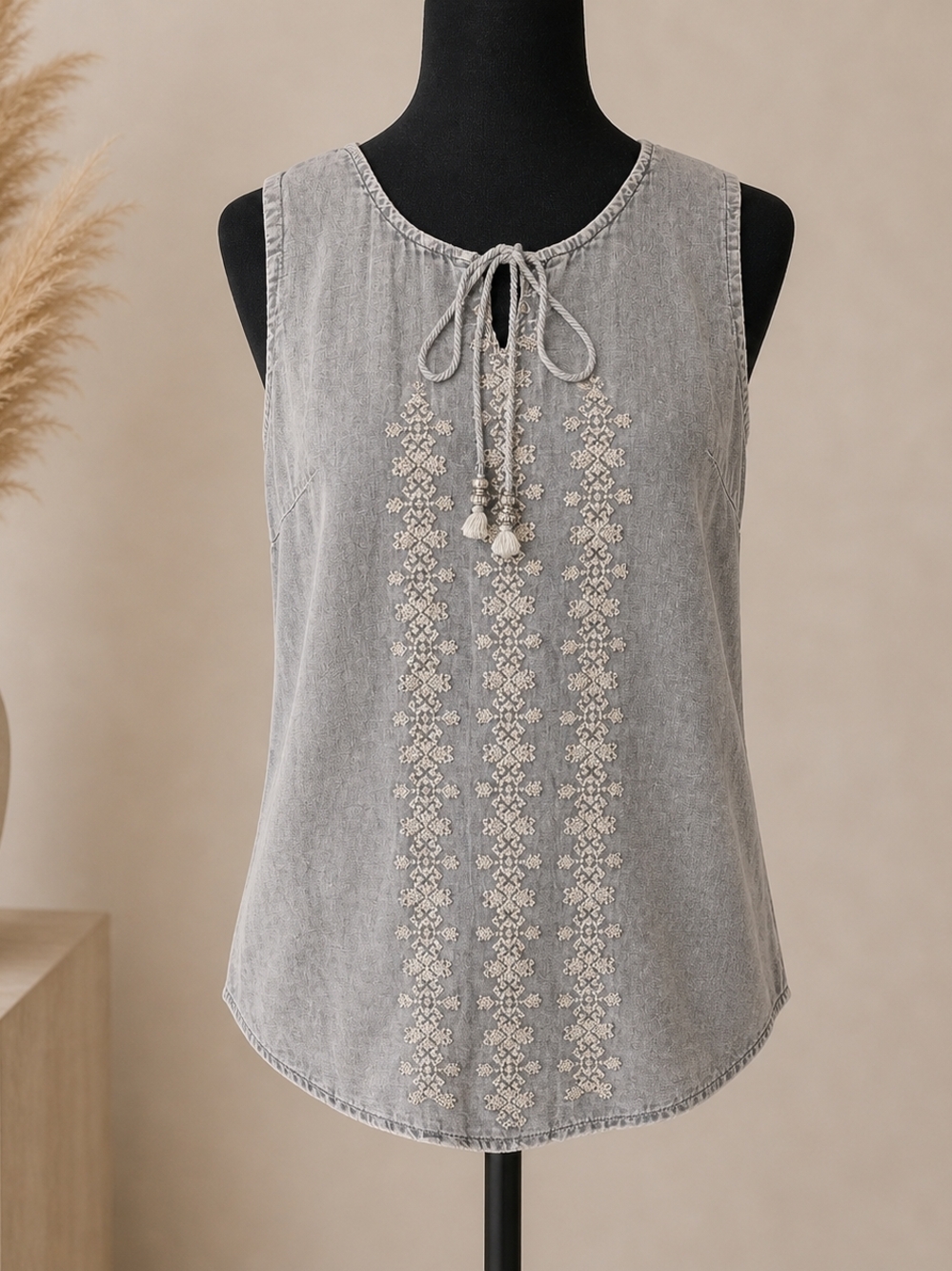 Tie-Neck Embroidered Sleeveless Camisole - Denim Gray